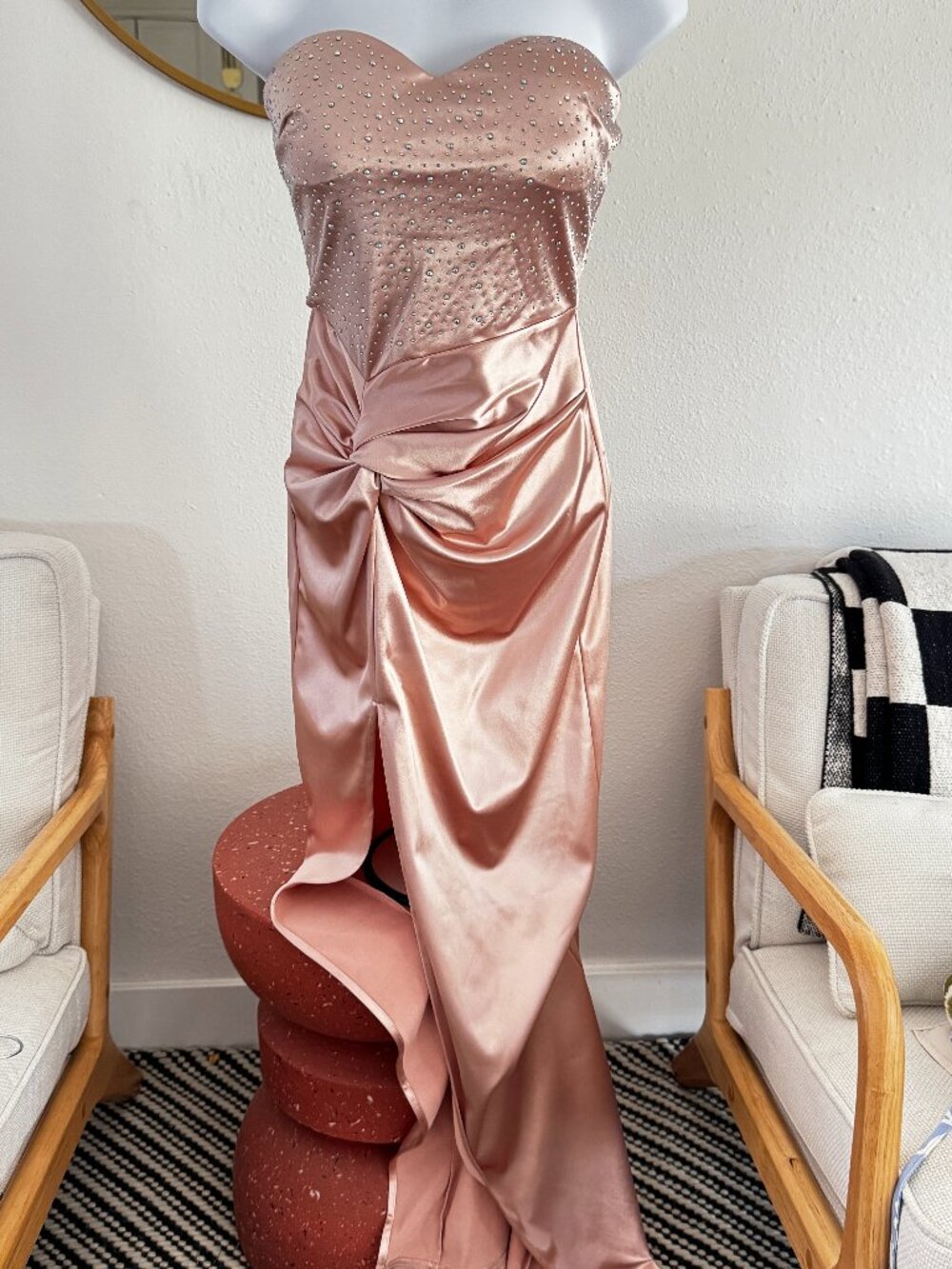 Stunning Rose Pink Satin Rhinestone Strapless Gown